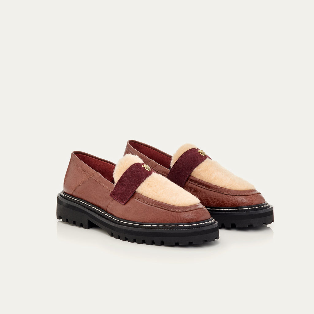 Mia Bark Leather Moccasin And Cream Shearling
