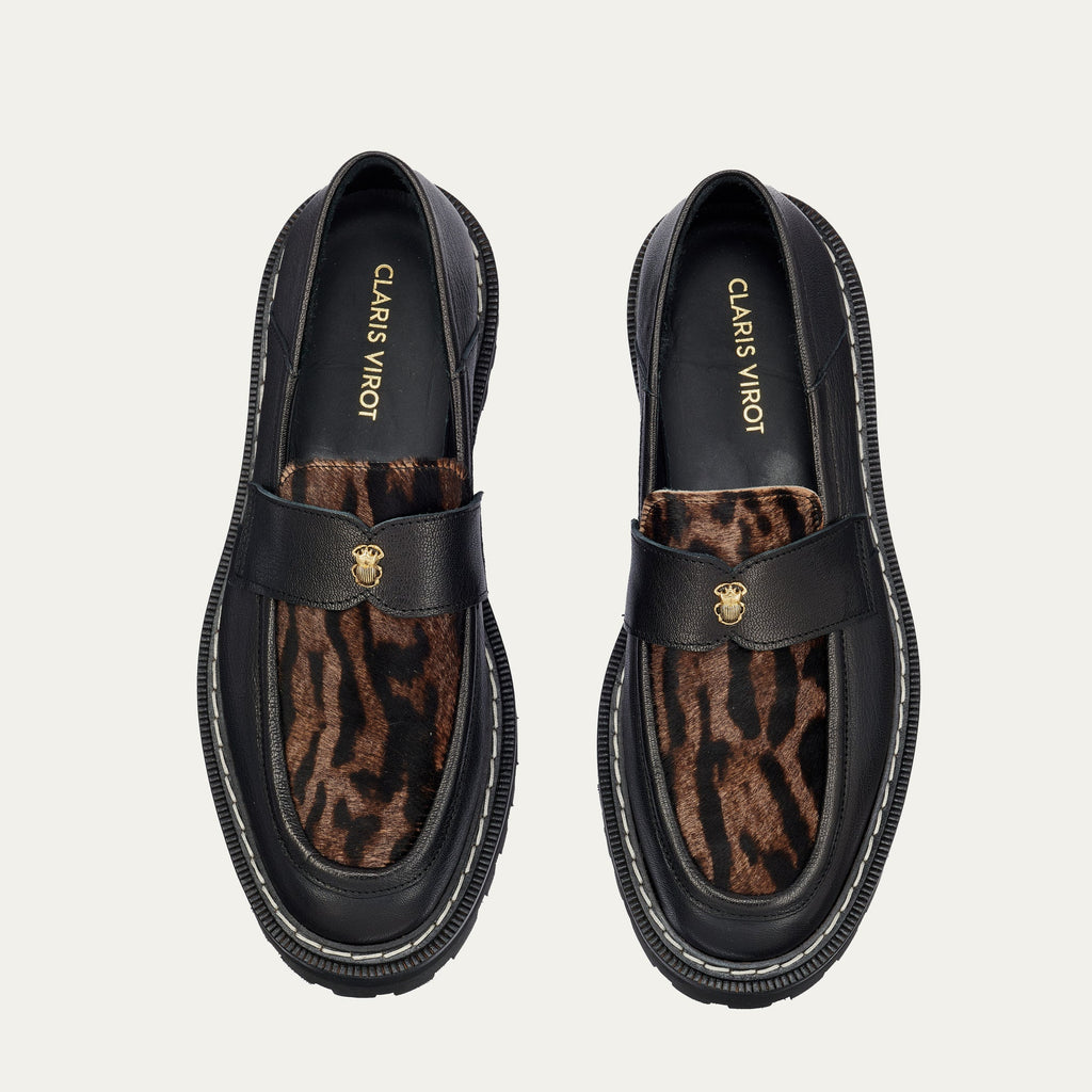 Mia Leather Moccasin Black Ocelot