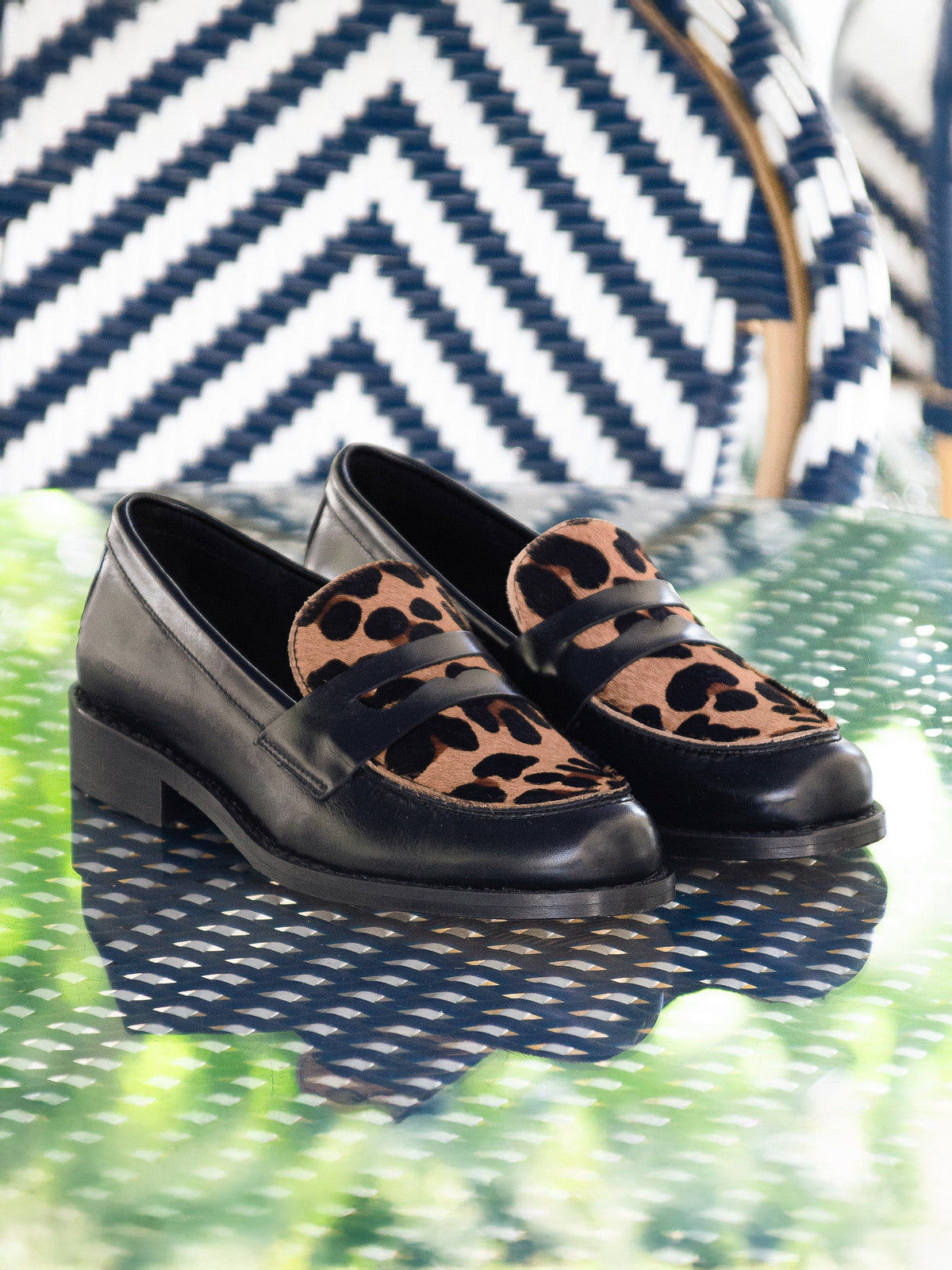 Mocassins Cuir Noir Léopard - Femme