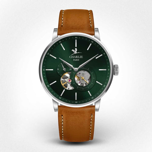 Front view of the automatic watch model for Man Initial Cœur Ouvert with green dial