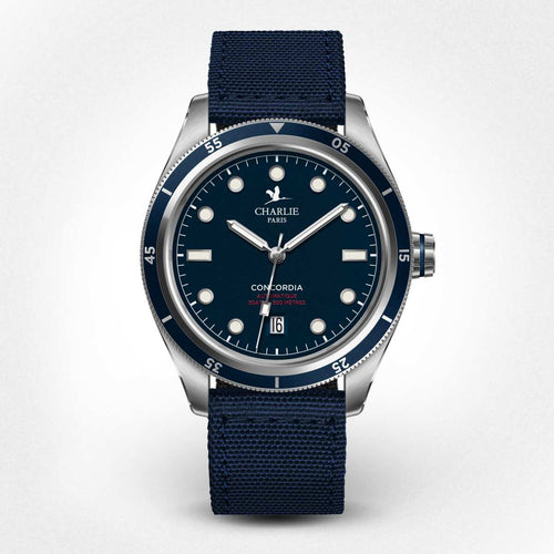Front view of the waterproof automatic watch model for Man Concordia with blue dial