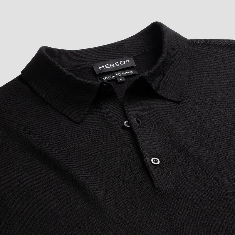 Polo Long Sleeve 100% Merino - Basalt Black