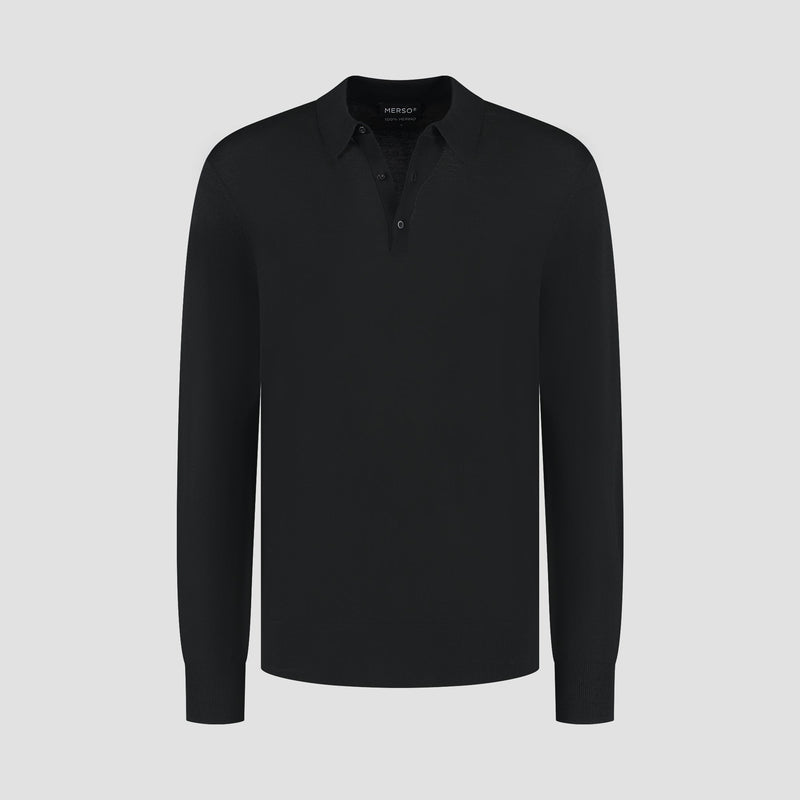 Polo Long Sleeve 100% Merino - Basalt Black
