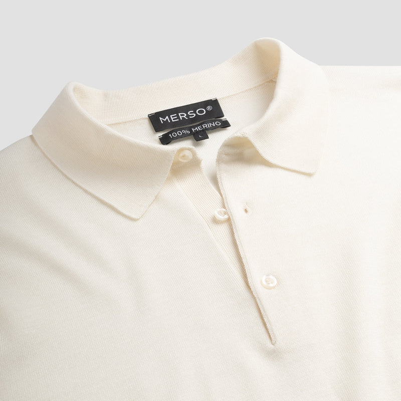 Polo Long Sleeve 100% Merino  - Seachell White