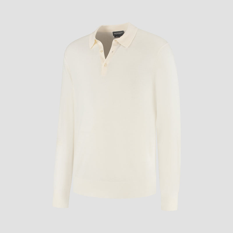 Polo Long Sleeve 100% Merino  - Seachell White