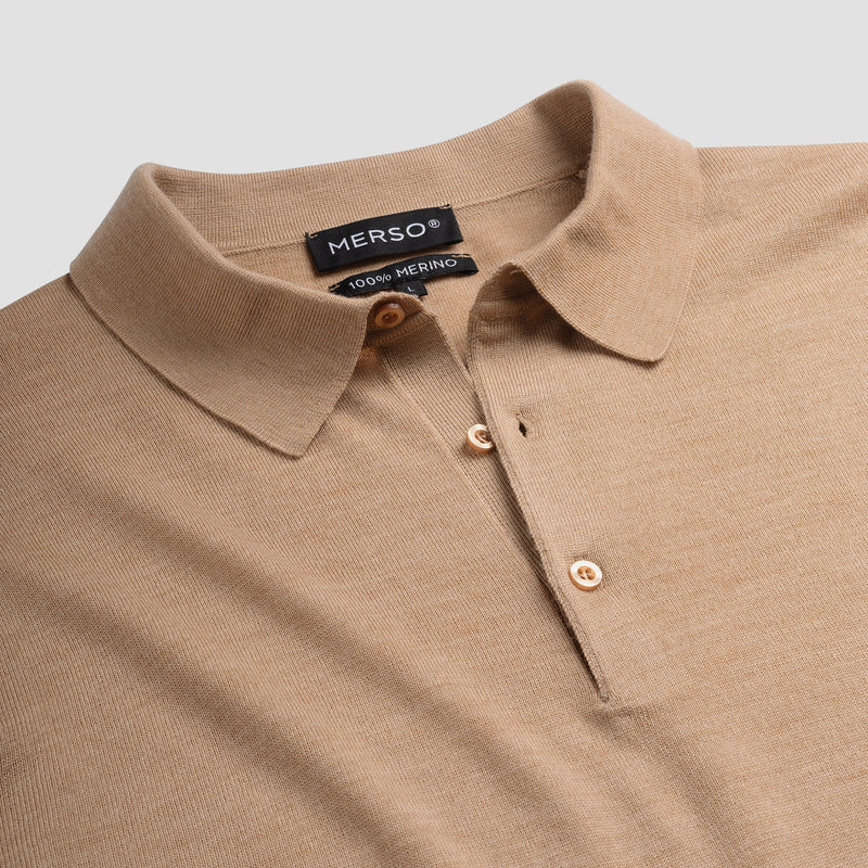Polo Long Sleeve 100% Merino - Sahara Sand