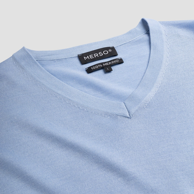 Pull V Neck 100% Merino - Alpine Blue