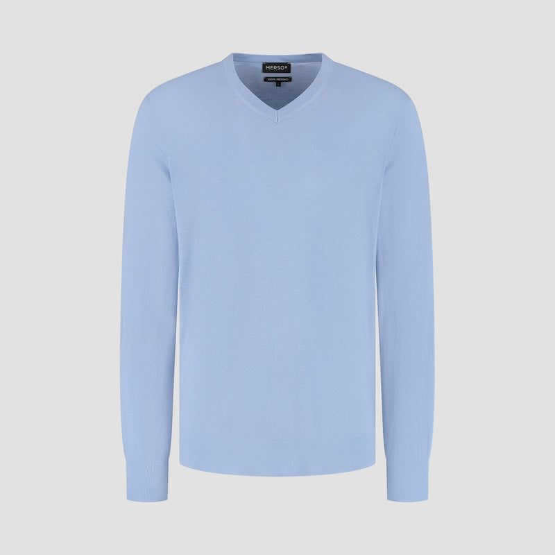Pull V Neck 100% Merino - Alpine Blue