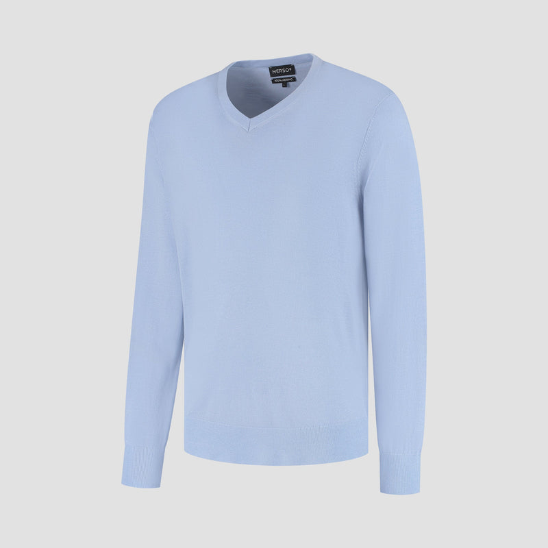 Pull V Neck 100% Merino - Alpine Blue