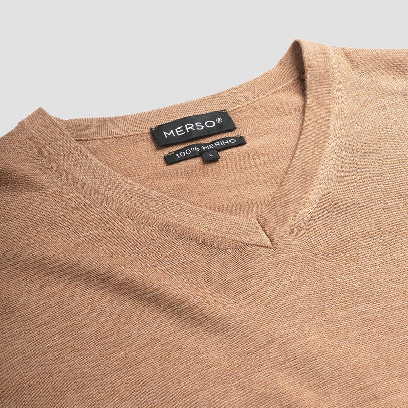 Pull V Neck 100% Merino - Tuscan Camel
