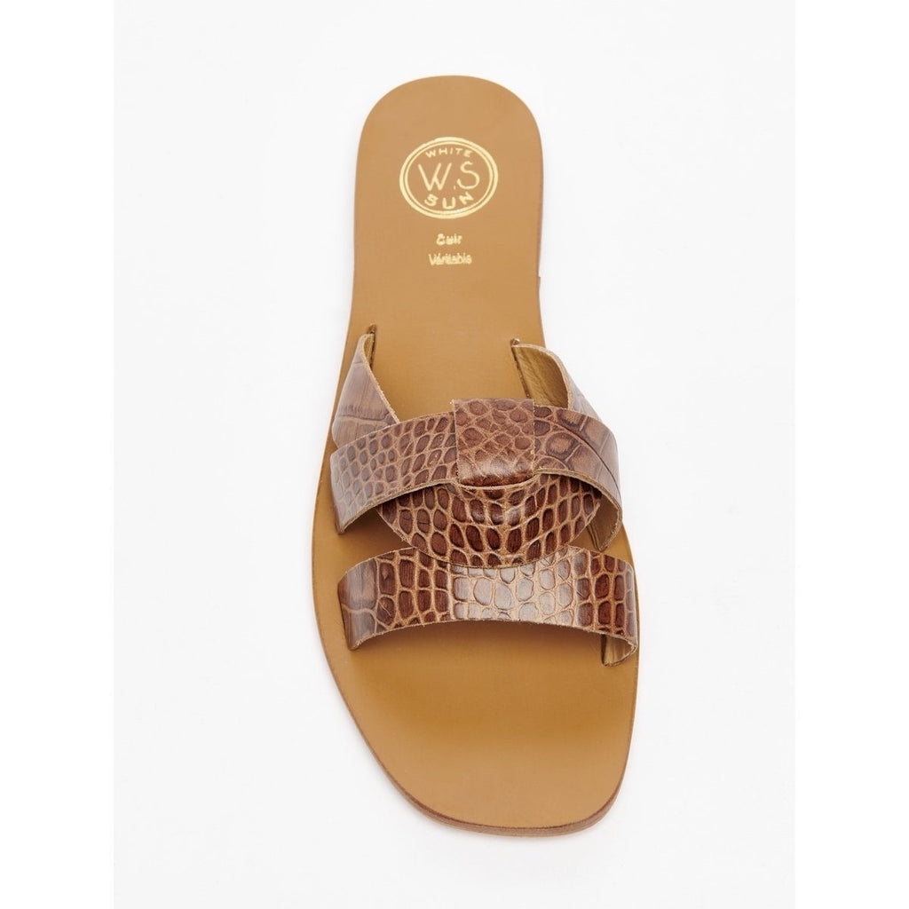 White Sun - Noham Mules - Tan Croco Print Goat - Camel Croco