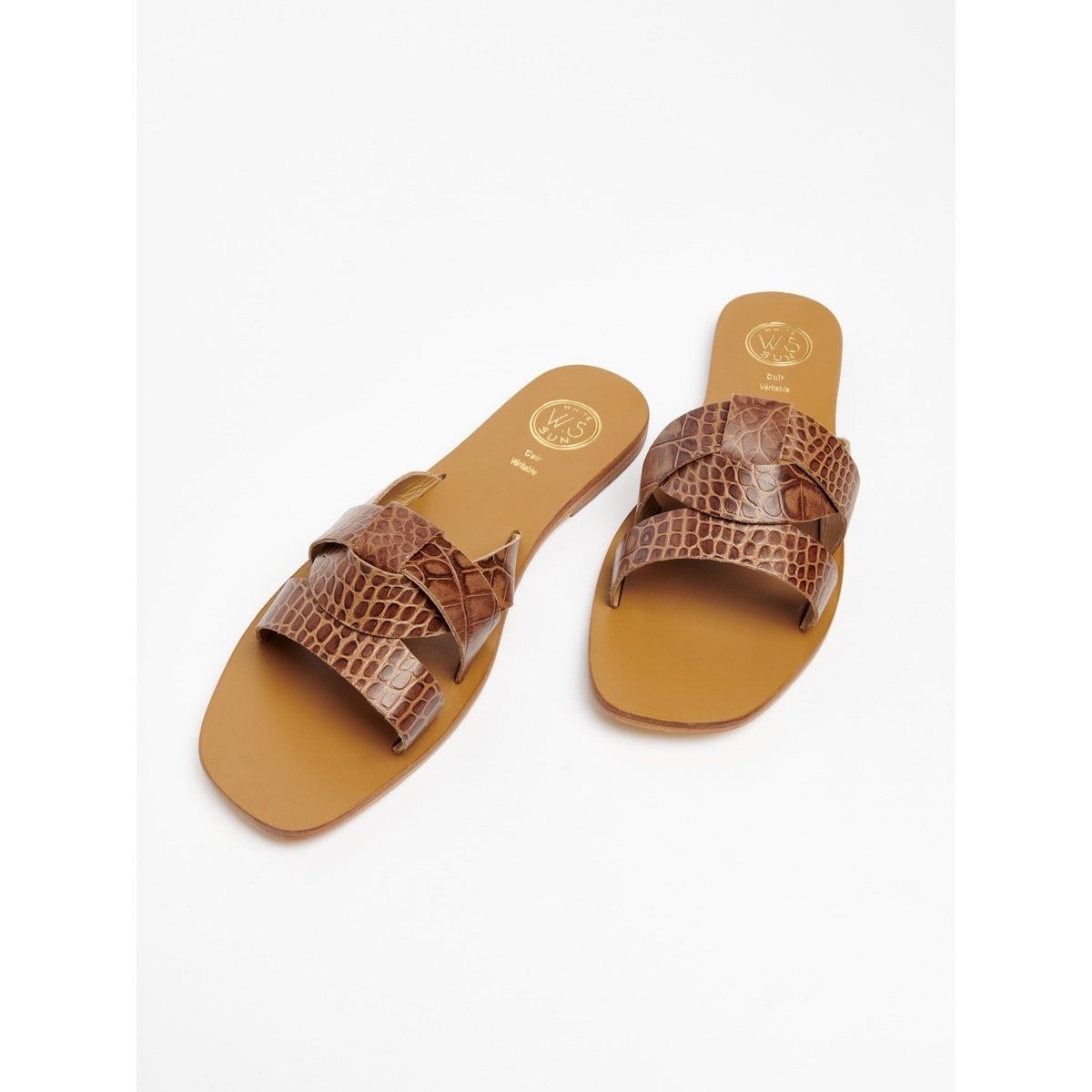 White Sun - Noham Mules - Tan Croco Print Goat - Camel Croco
