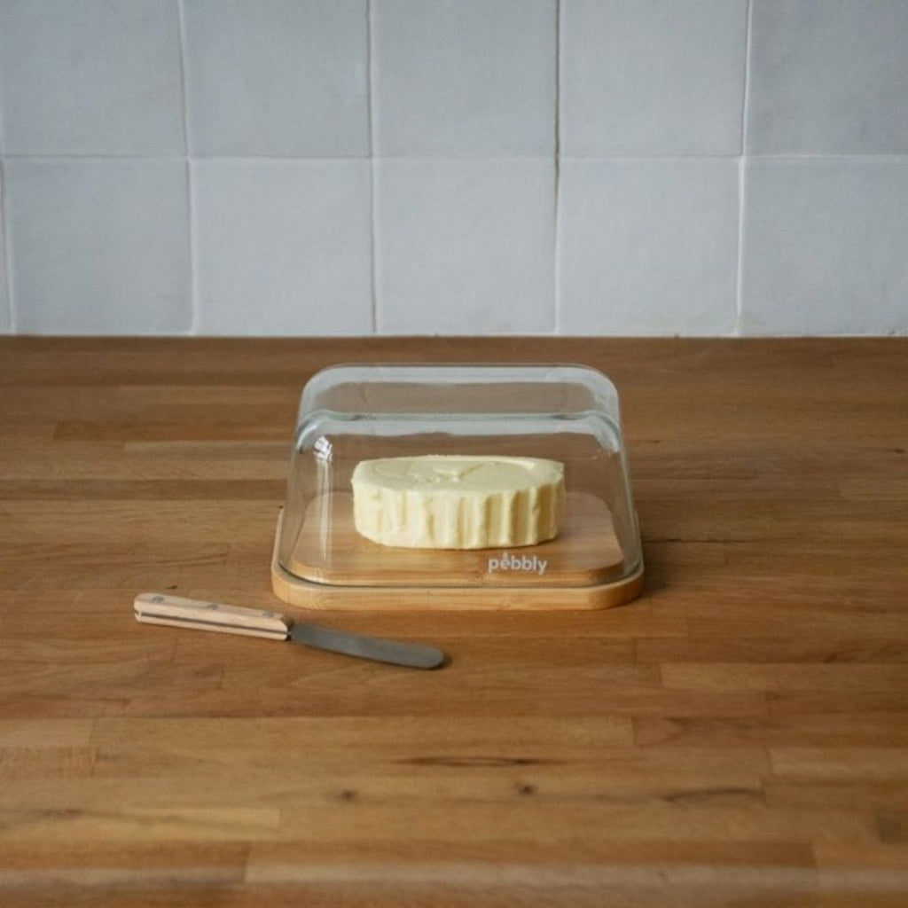 Beurrier En Verre Et Bambou Avec Couteau À Beurre En Inox - Beige