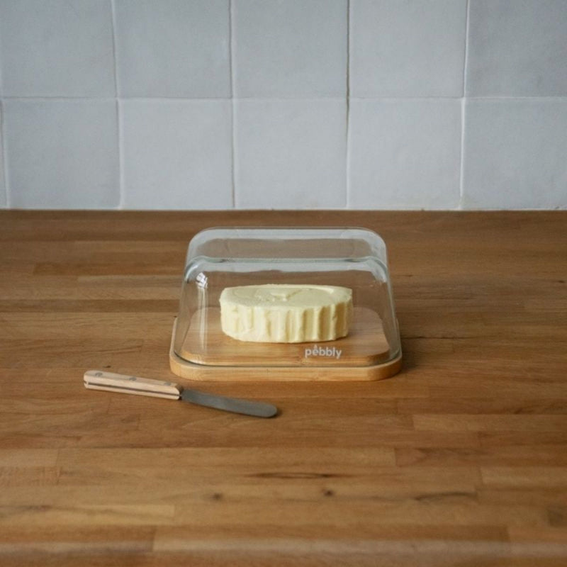 Beurrier En Verre Et Bambou Avec Couteau À Beurre En Inox - Beige