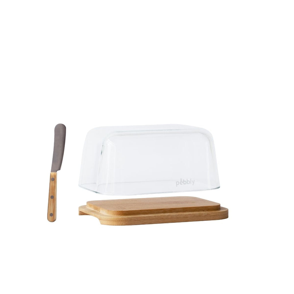 Beurrier En Verre Et Bambou Avec Couteau À Beurre En Inox - Beige