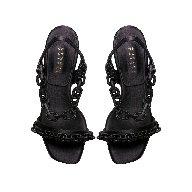 Elegant Catena Notte black high-heel sandals with chain embroidery, crafted in Italy for timeless sophistication.