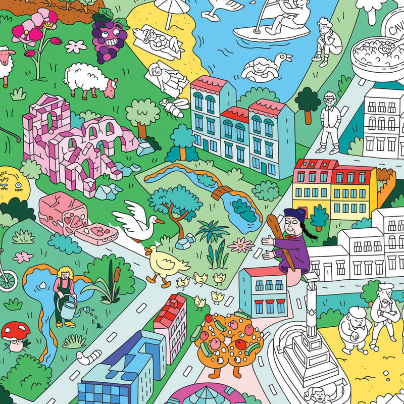 Affiche Bordeaux OMY colorée – scènes de marché, fleuve et églises à colorier