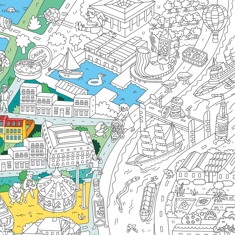 Zoom sur le poster géant à colorier Bordeaux – cité du vin, marché des Capucins, bassin des Lumières et Garonne