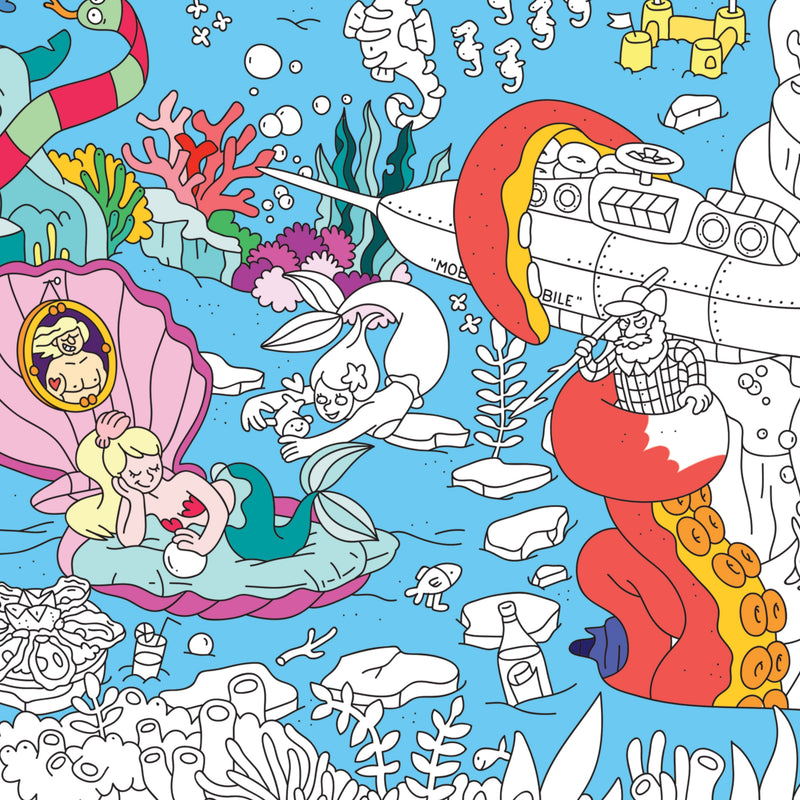 Détail colorié du poster Océan avec sirène, pieuvre, corail et monde marin ludique
