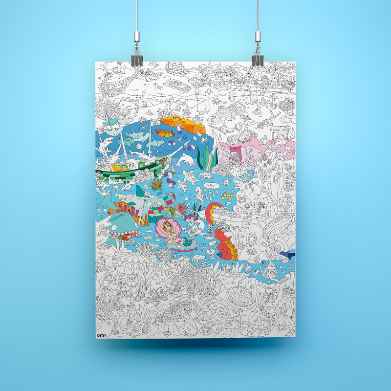 Poster Océan à colorier suspendu au mur, design noir et blanc sous-marin