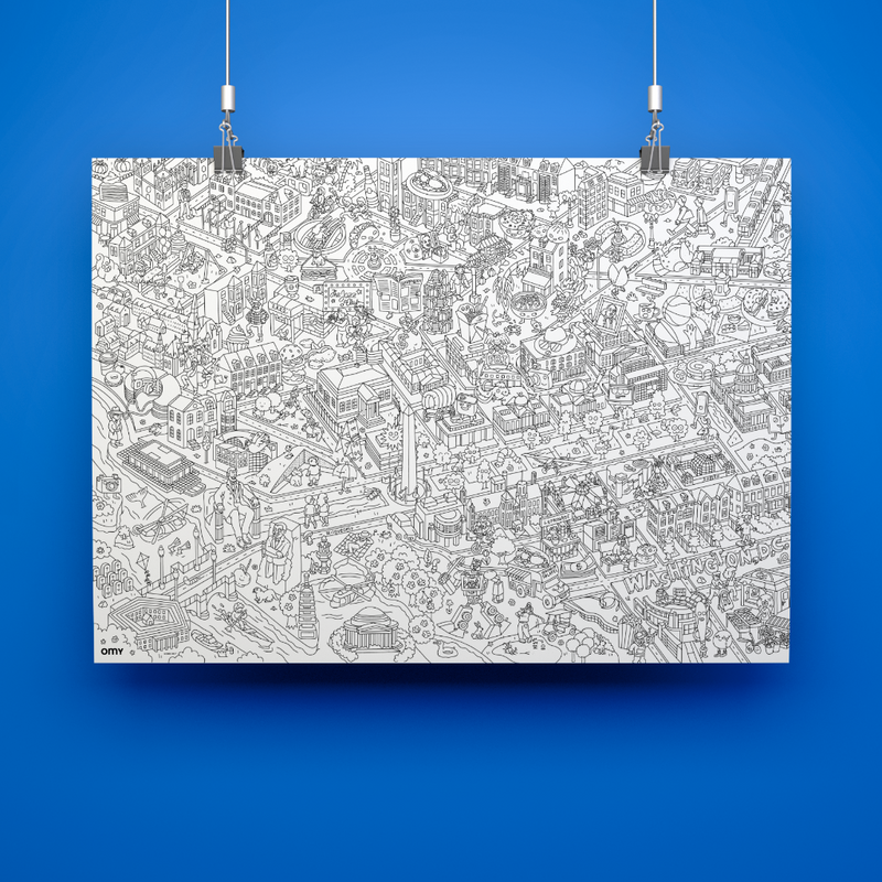 Poster géant à colorier Washington OMY suspendu – carte illustrée en noir et blanc