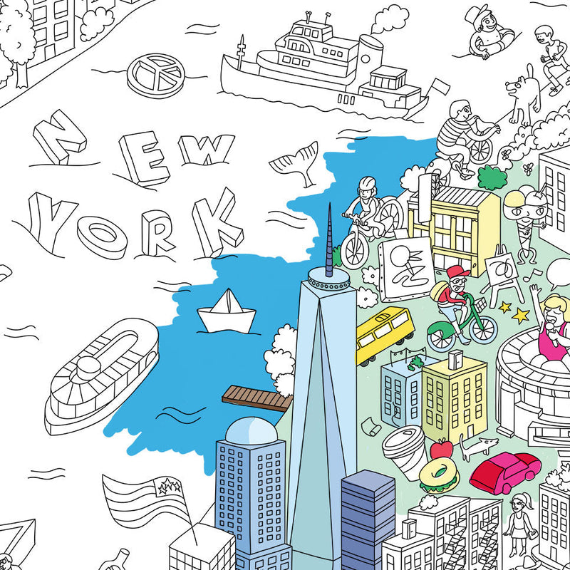 Poster à colorier New York - illustration urbaine détaillée avec taxis, buildings et passants OMY New York poster à colorier - One World Trade Center et rivière Hudson partiellement coloriés