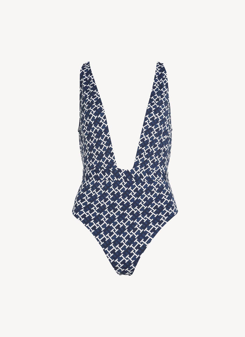 Tommy Hilfiger - Maillot De Bain Une Pièce Th Monogram Plunge - Monogram Navy White - Femme