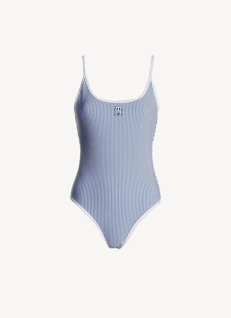 Tommy Hilfiger - Maillot De Bain Une Pièce Seersucker À Rayures - Marine Noir Blanc - Femme