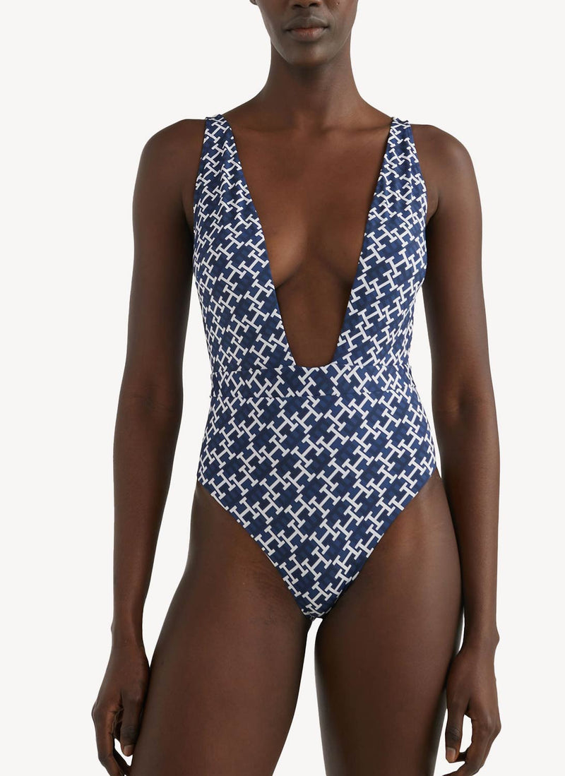 Tommy Hilfiger - Maillot De Bain Une Pièce Th Monogram Plunge - Monogram Navy White - Femme