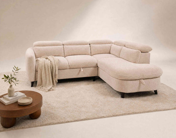 Opaline - 5-Seater Corner Sofa Bed with Headrests and Storage - Textured Fabric - Beige