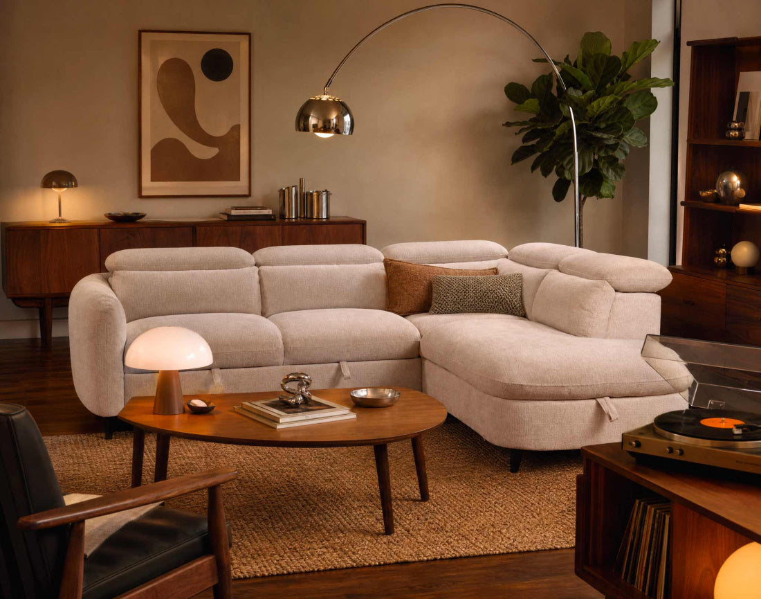 Opaline - 5-Seater Corner Sofa Bed with Headrests and Storage - Textured Fabric - Beige
