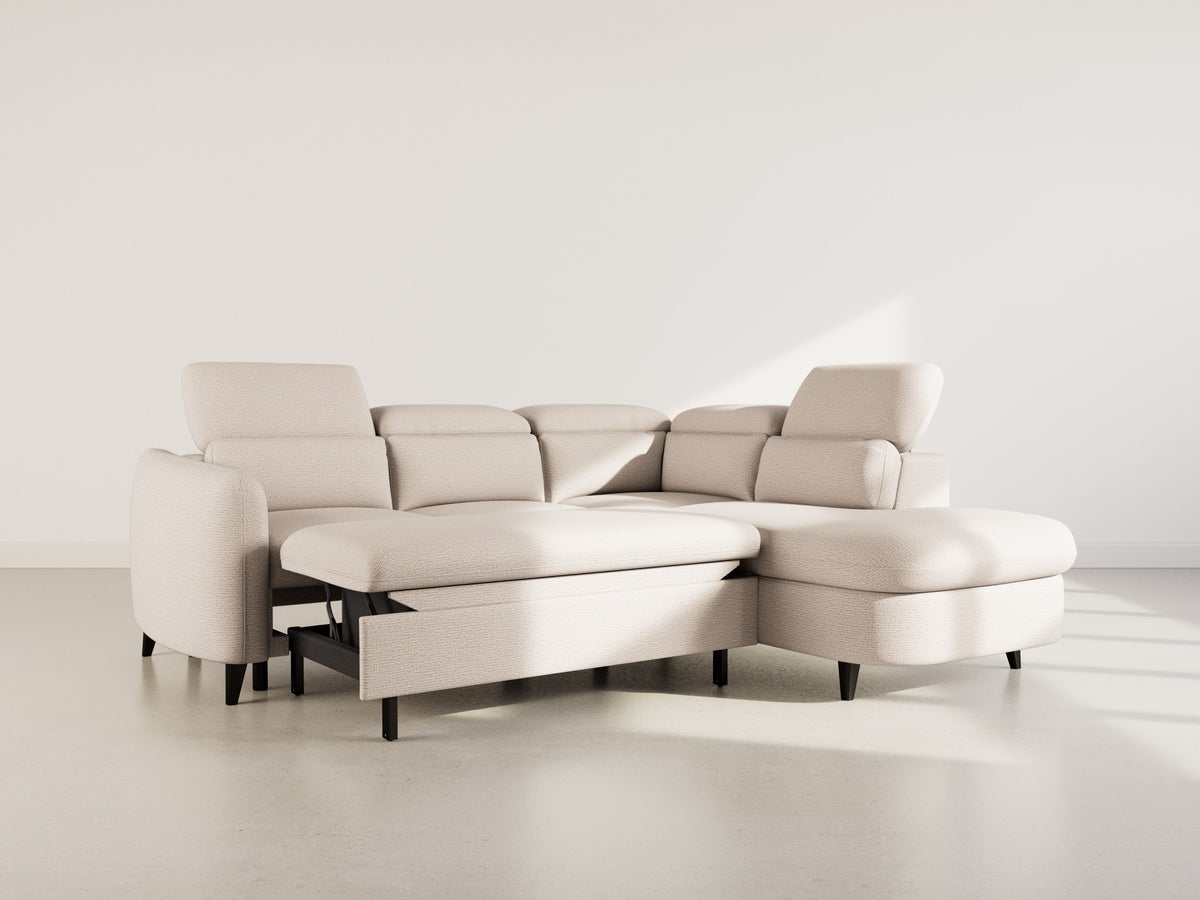 Opaline - 5-Seater Corner Sofa Bed with Headrests and Storage - Textured Fabric - Beige