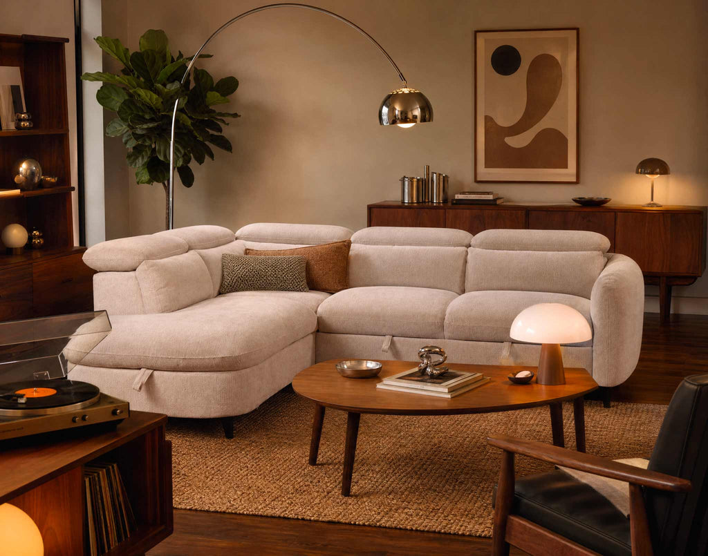 Opaline - 5-Seater Corner Sofa Bed with Headrests and Storage - Textured Fabric - Beige