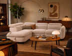 Opaline - 5-Seater Corner Sofa Bed with Headrests and Storage - Textured Fabric - Beige