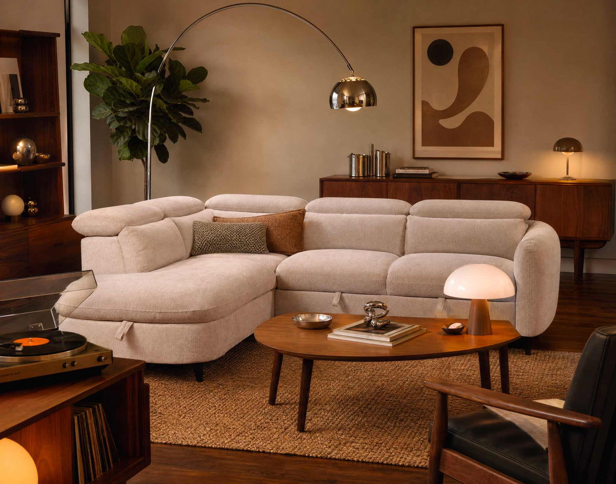 Opaline - 5-Seater Corner Sofa Bed with Headrests and Storage - Textured Fabric - Beige