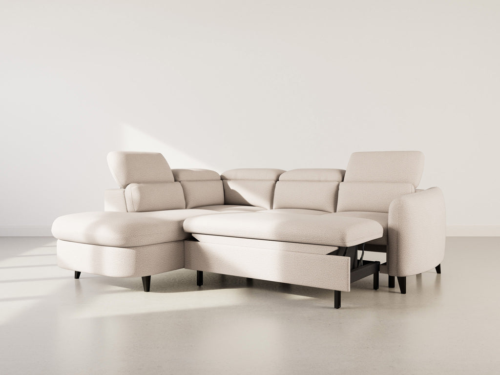 Opaline - 5-Seater Corner Sofa Bed with Headrests and Storage - Textured Fabric - Beige