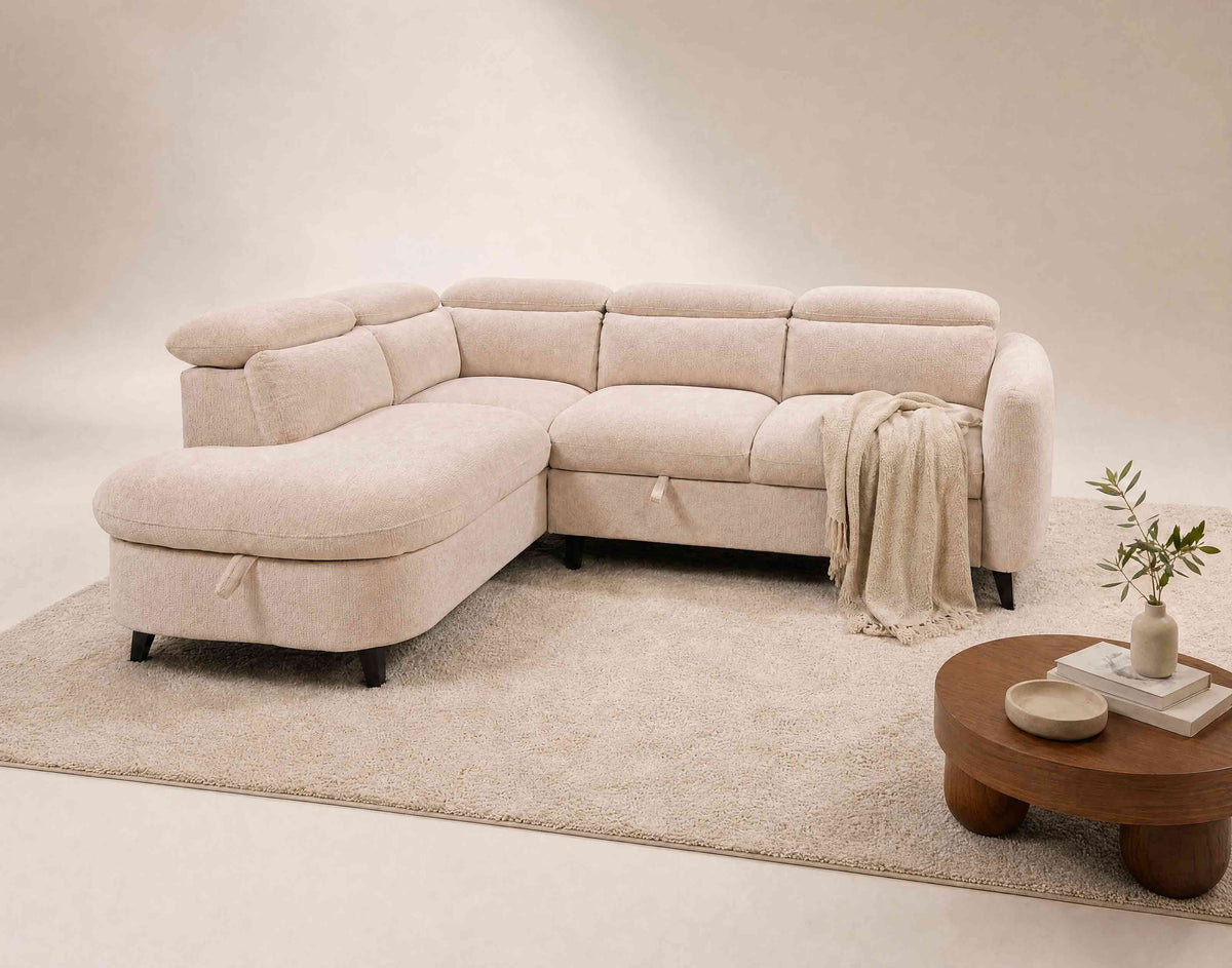 Opaline - 5-Seater Corner Sofa Bed with Headrests and Storage - Textured Fabric - Beige