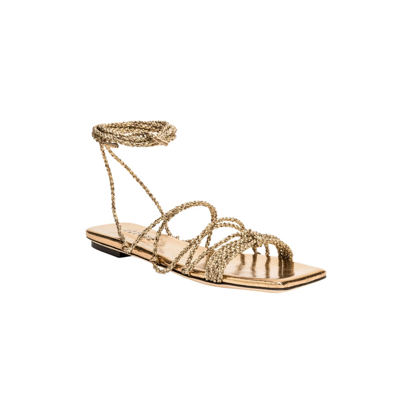 Ophilia Gold Flat Lace-Up Sandal with braided straps, featuring luxurious aged Italian leather design.