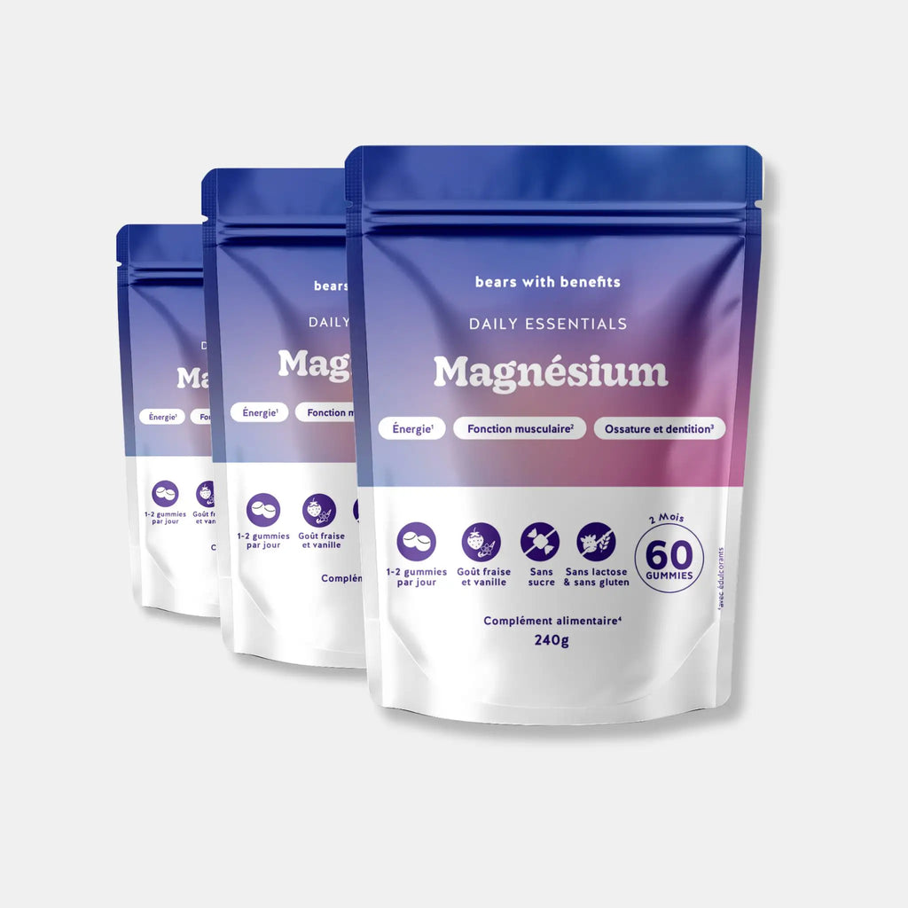 Pack de 3 sachets Magnésium Daily Essentials - 60 gummies goût fraise et vanille, vegan et sans sucre l Bears with Benefits