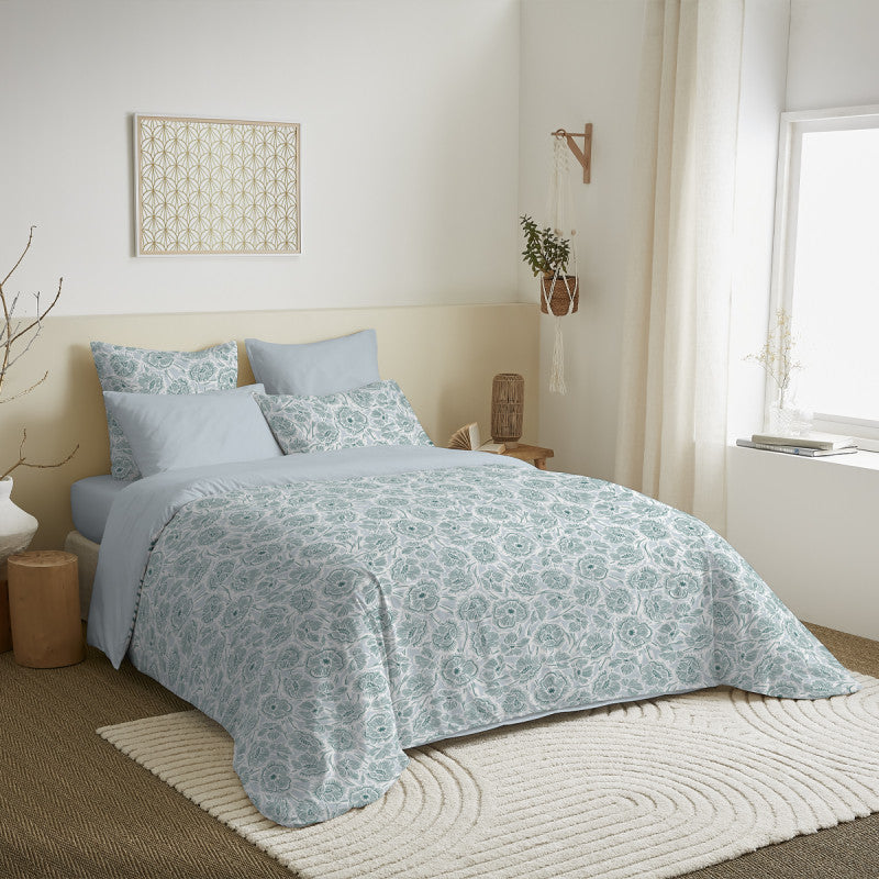 Complete Printed Pack (Duvet Cover + Pillowcase(s) + Fitted Sheet) - 100% Cotton 57 Thread Count - Agathe Celadon