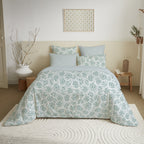 Complete Printed Pack (Duvet Cover + Pillowcase(s) + Fitted Sheet) - 100% Cotton 57 Thread Count - Agathe Celadon