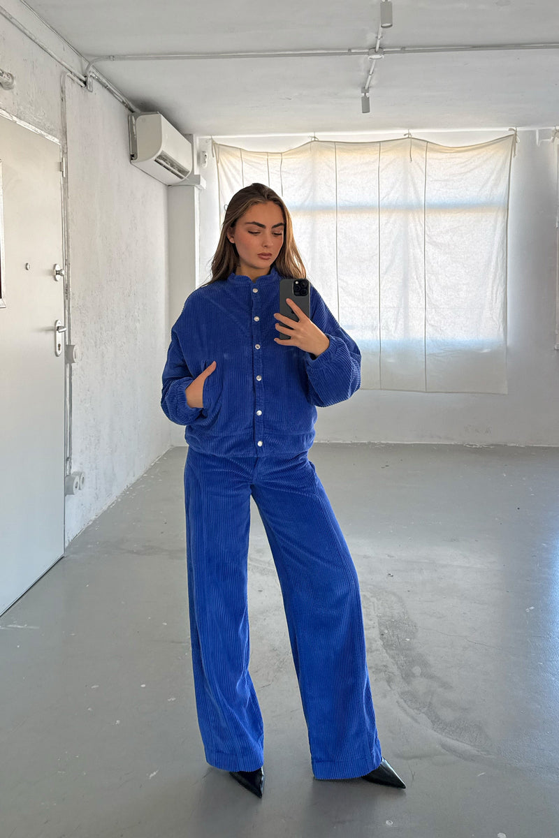 Pantalon Droit En Velours Côtelé Bleu