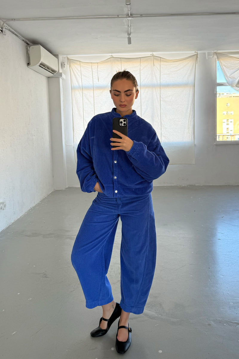 Pantalon Bouffant En Velours Côtelé Bleu