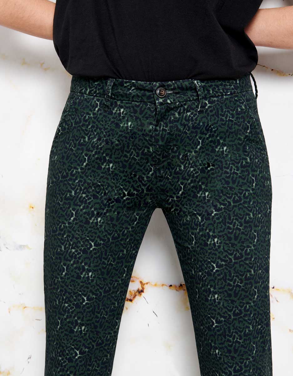 Sandy Printed Skinny Chino Trousers - Green Leo - Women
