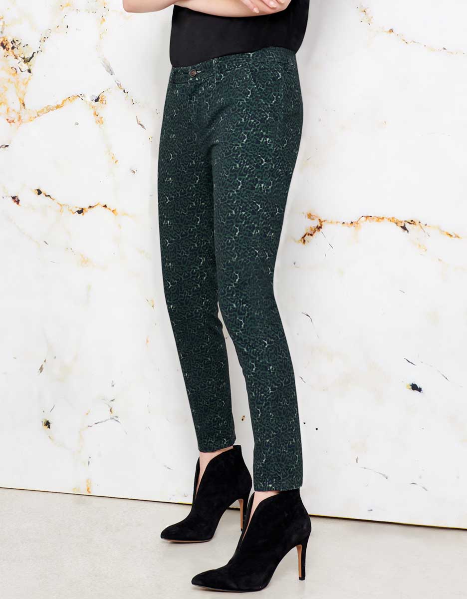 Sandy Printed Skinny Chino Trousers - Green Leo - Women