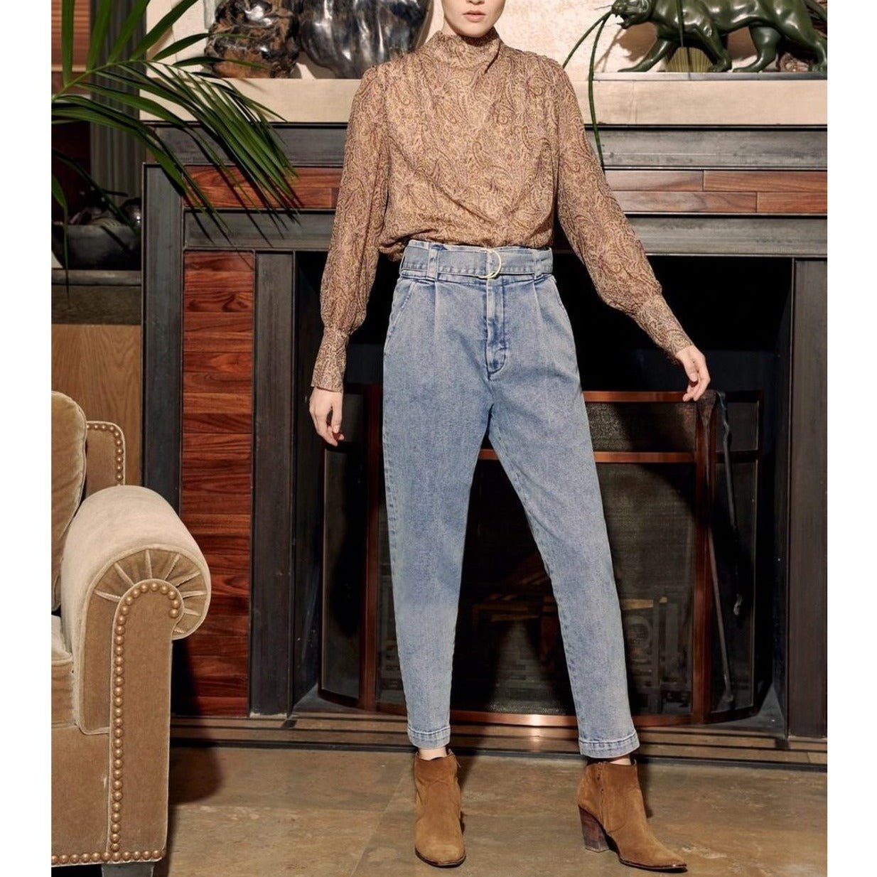 Ava High-Waisted Cropped Cigarette Trousers - Denim B-238 - Women