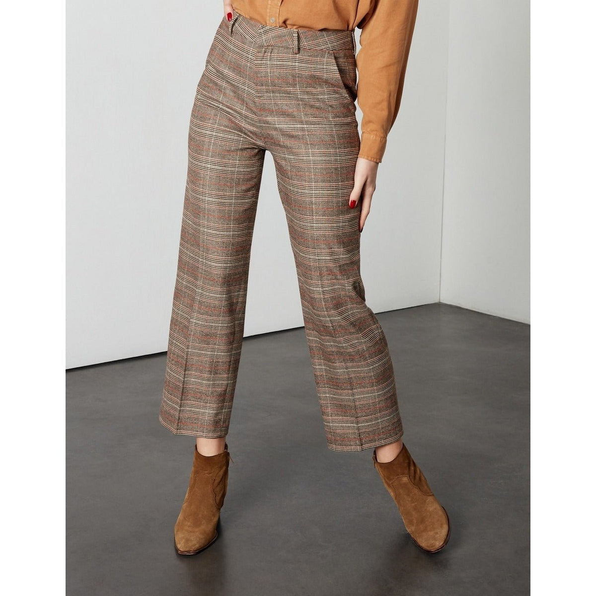 Pantalon Cigarette Straight Cropped Laryfancy - Camel Checks - Femme