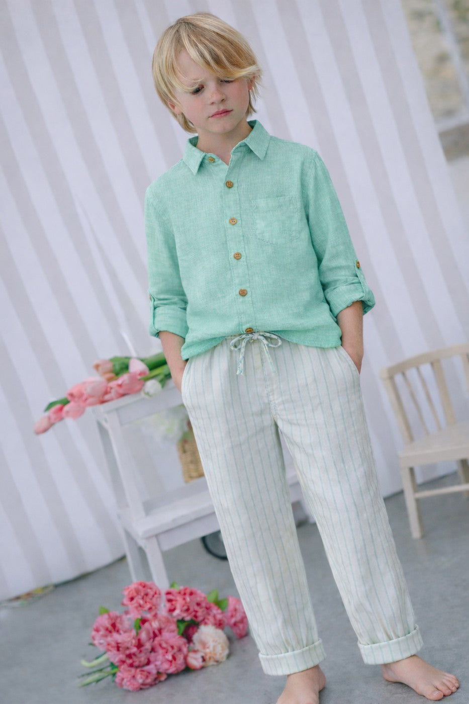 Pantalon Paul Rayé - Enfant Garçon - Ecru & Mint