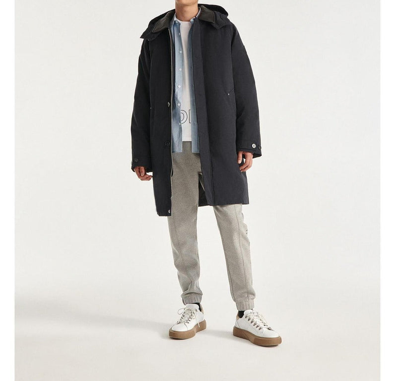 Parka Nylon Bleu Marine À Capuche Cuir - Homme
