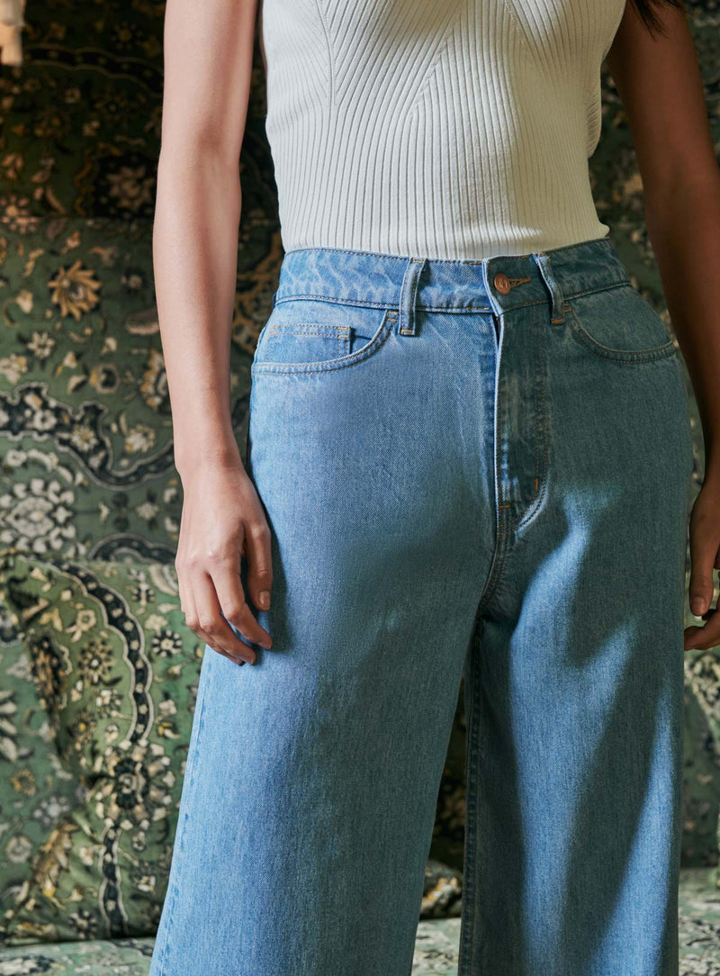 JEAN WIDE LEG BLEU PAULINE PETITE MENDIGOTE